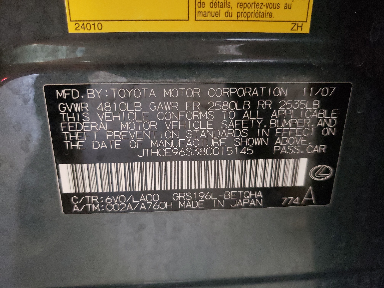 JTHCE96S380015145 2008 Lexus Gs 350