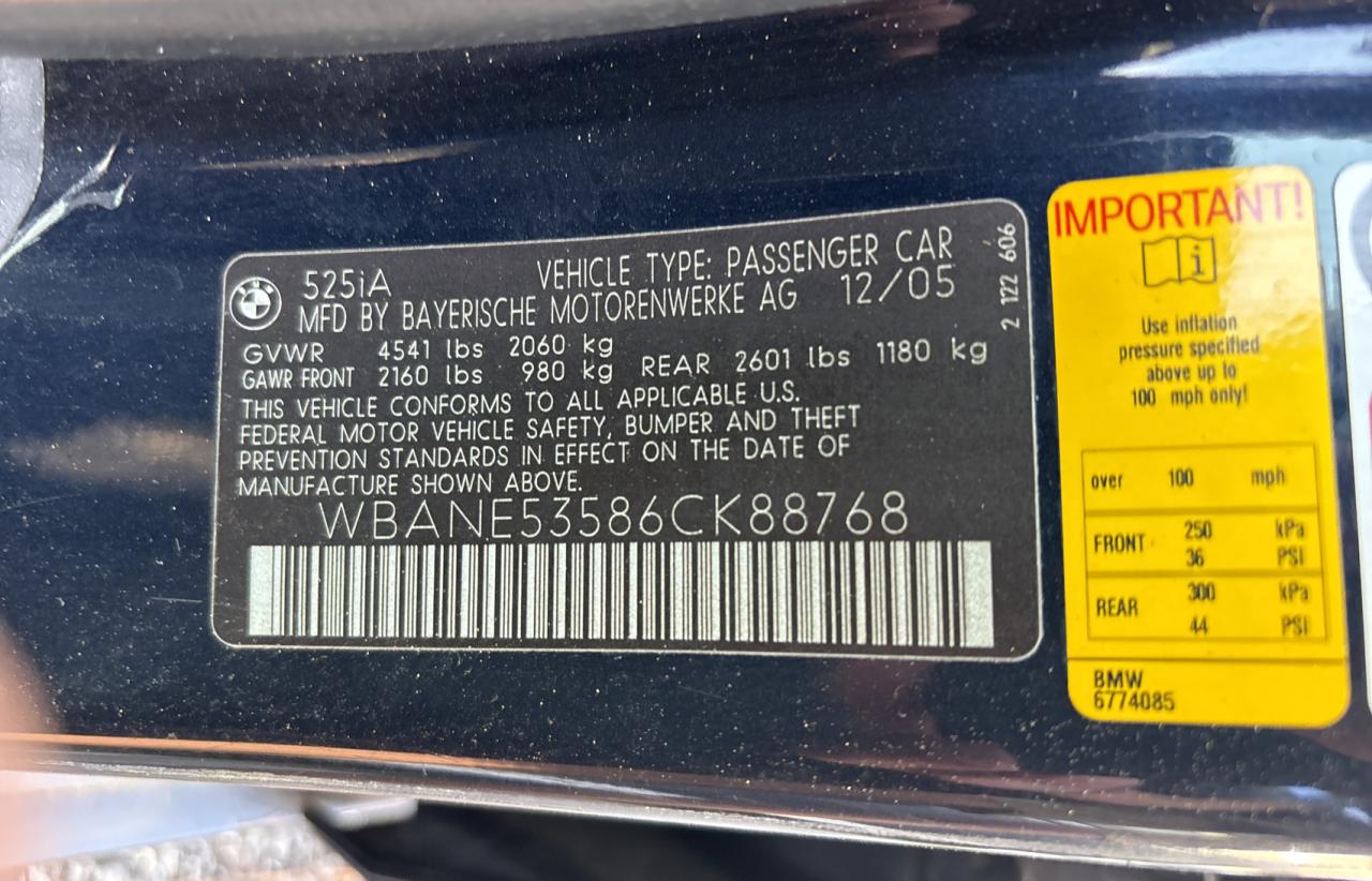 2006 BMW 525 I VIN: WBANE53586CK88768 Lot: 65928654