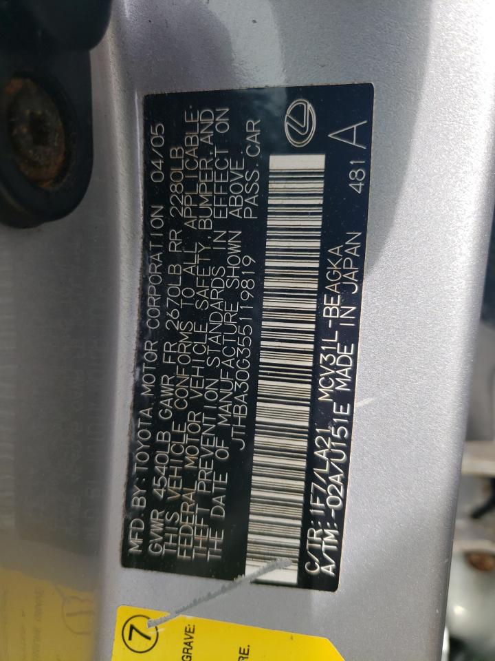 2005 Lexus Es 330 VIN: JTHBA30G355119819 Lot: 67919584