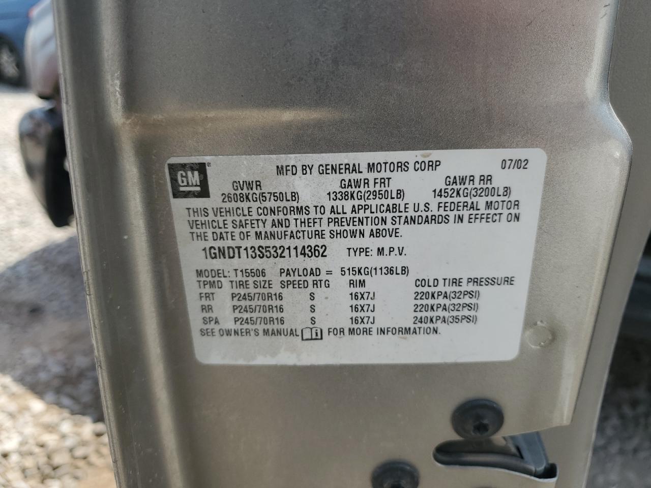 2003 Chevrolet Trailblazer VIN: 1GNDT13S532114362 Lot: 66383744