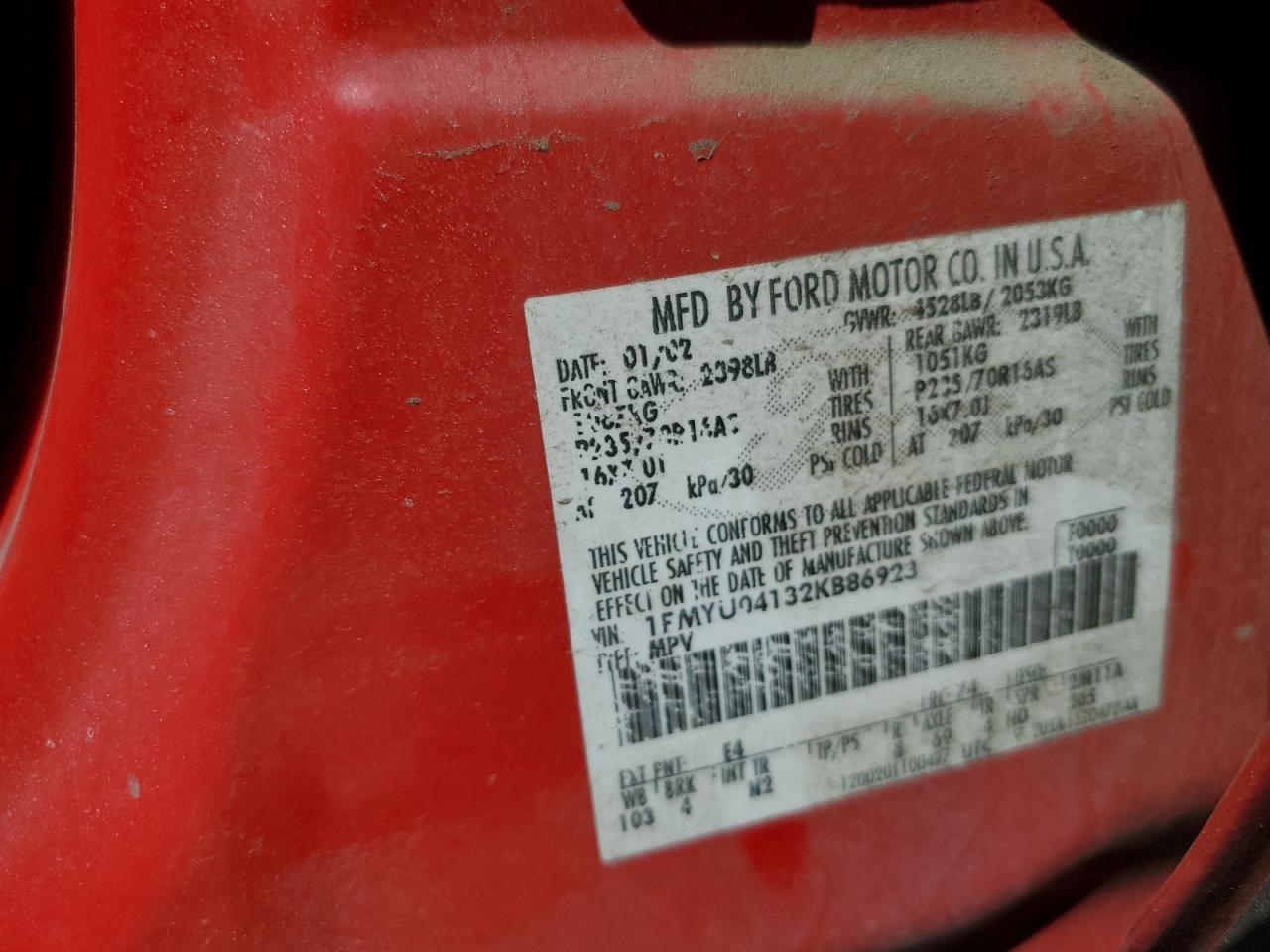 2002 Ford Escape Xlt VIN: 1FMYU04132KB86923 Lot: 68124164