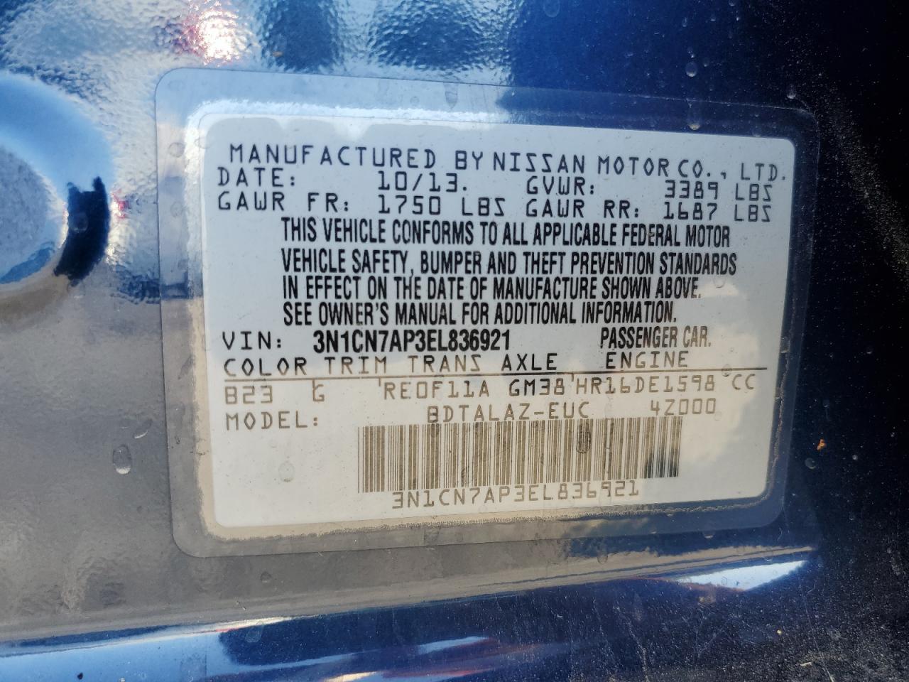 3N1CN7AP3EL836921 2014 Nissan Versa S