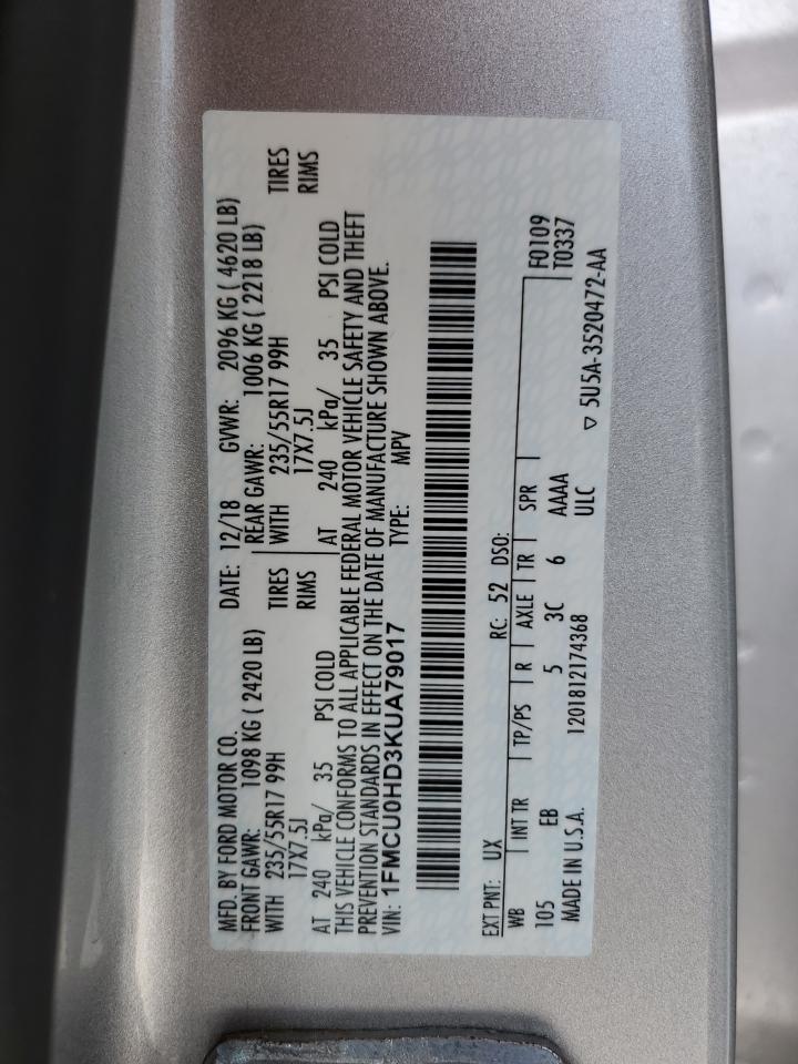 2019 Ford Escape Sel VIN: 1FMCU0HD3KUA79017 Lot: 67378244