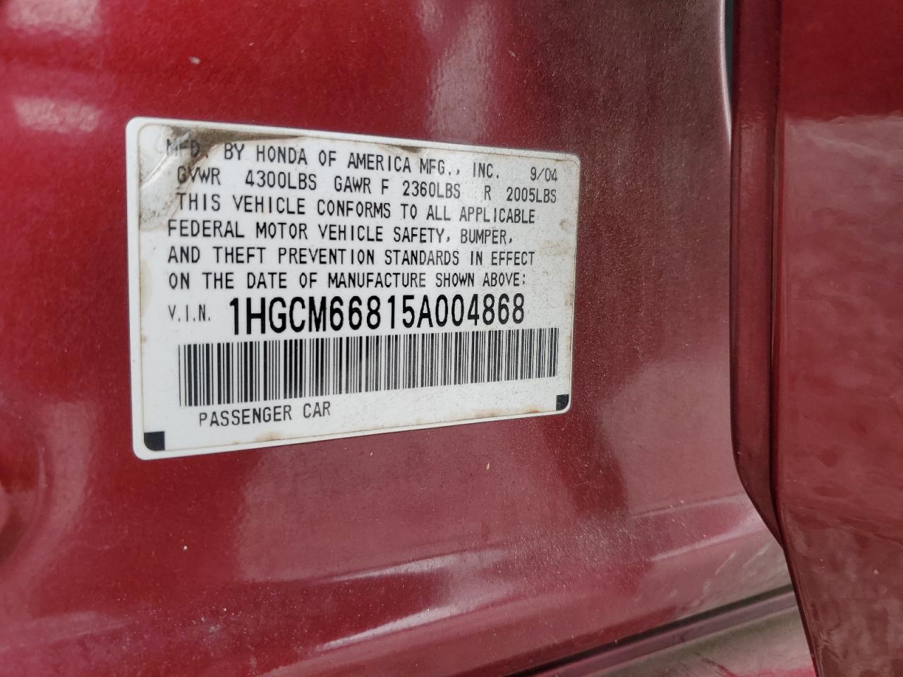 2005 Honda Accord Ex VIN: 1HGCM66815A004868 Lot: 64833494