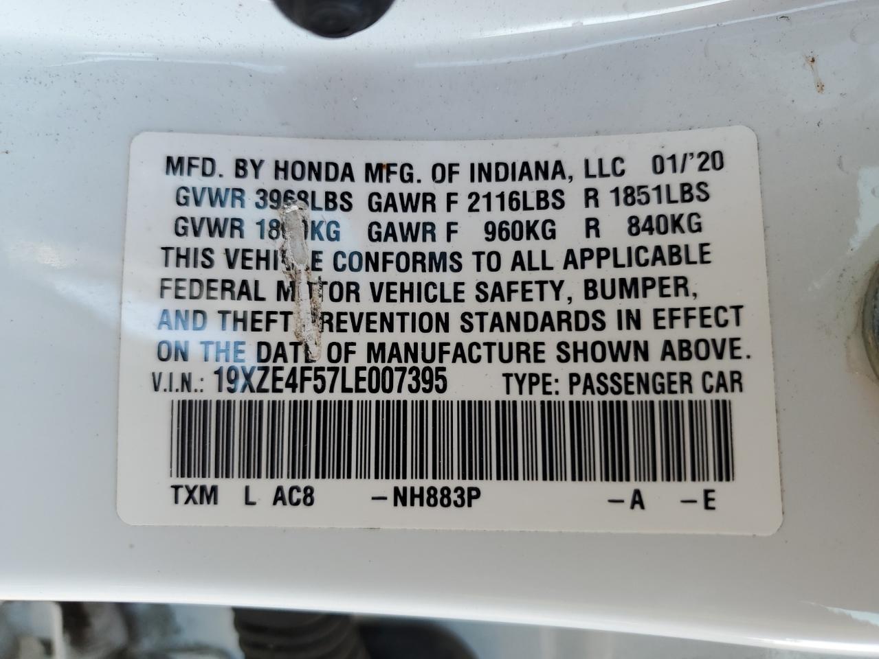 2020 Honda Insight Ex VIN: 19XZE4F57LE007395 Lot: 67951914