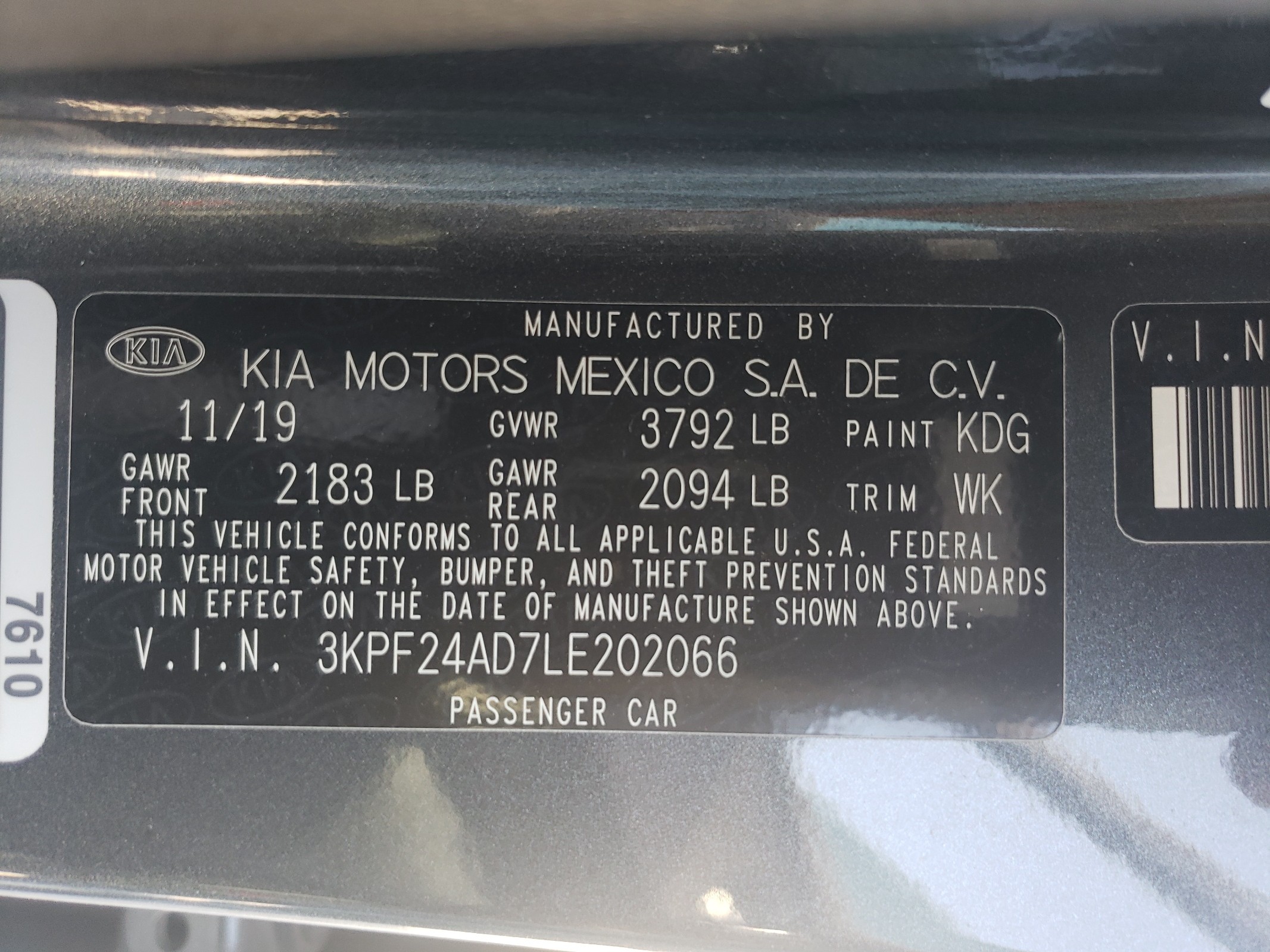 3KPF24AD7LE202066 2020 Kia Forte Fe