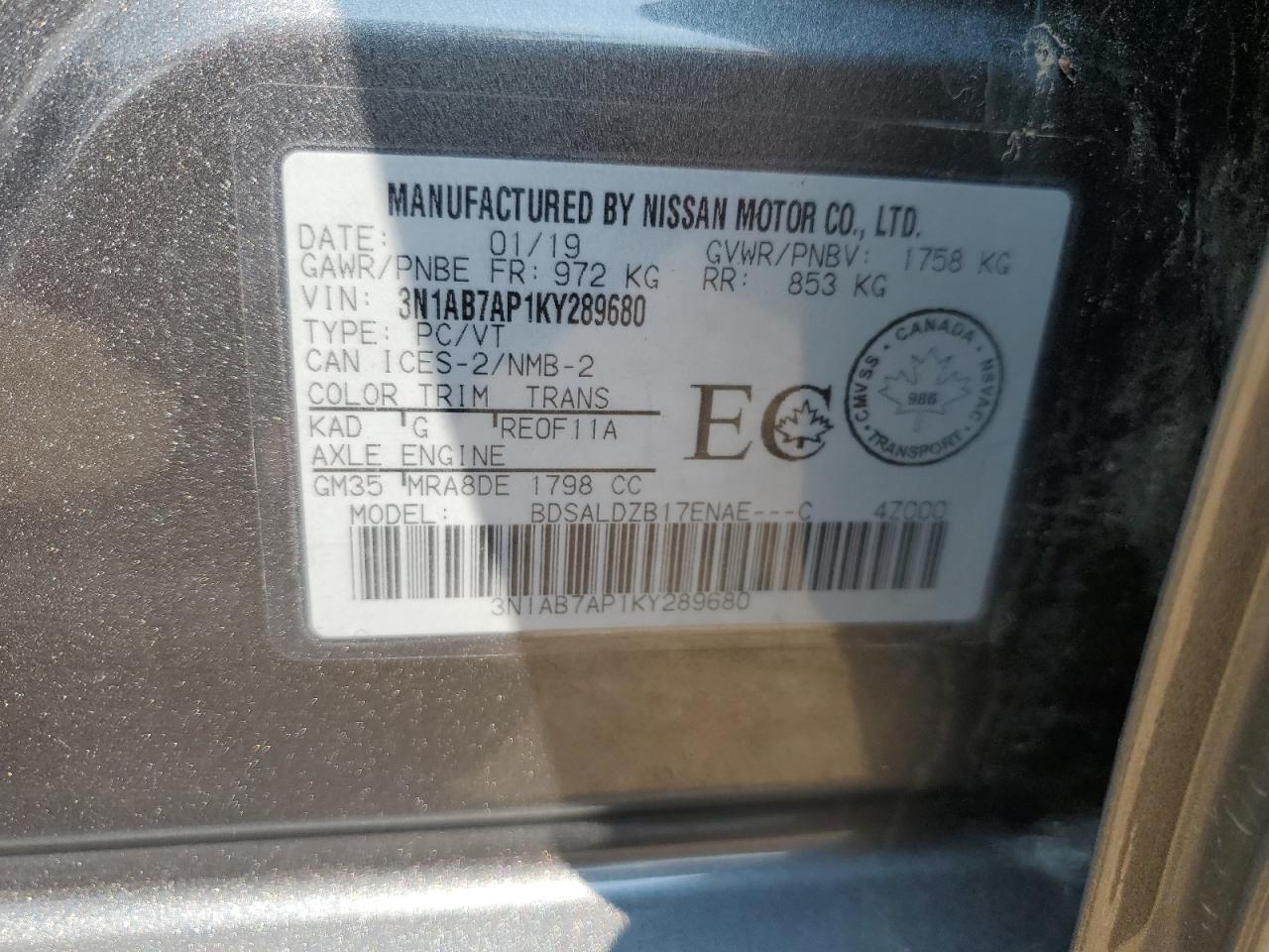 2019 Nissan Sentra S VIN: 3N1AB7AP1KY289680 Lot: 65961594