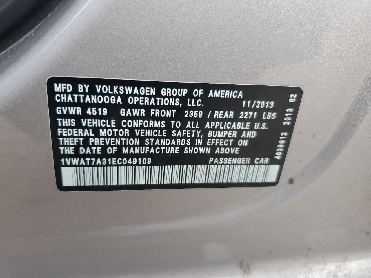 1VWAT7A31EC049109 2014 Volkswagen Passat S