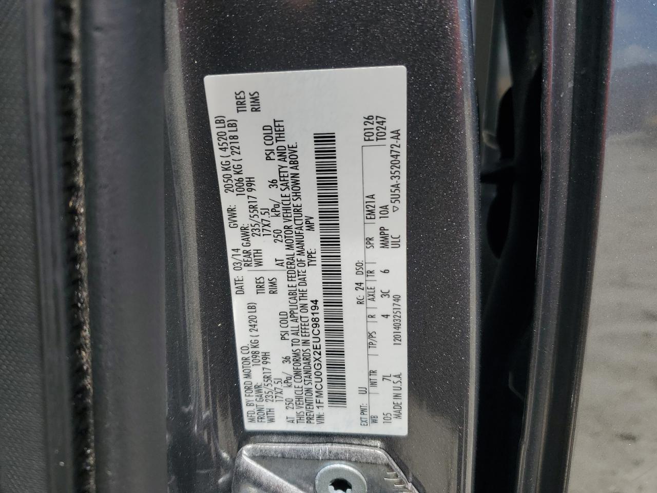 2014 Ford Escape Se VIN: 1FMCU0GX2EUC98194 Lot: 67400294