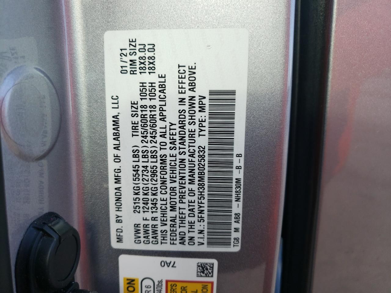 2021 Honda Pilot Ex VIN: 5FNYF5H38MB025832 Lot: 66007064