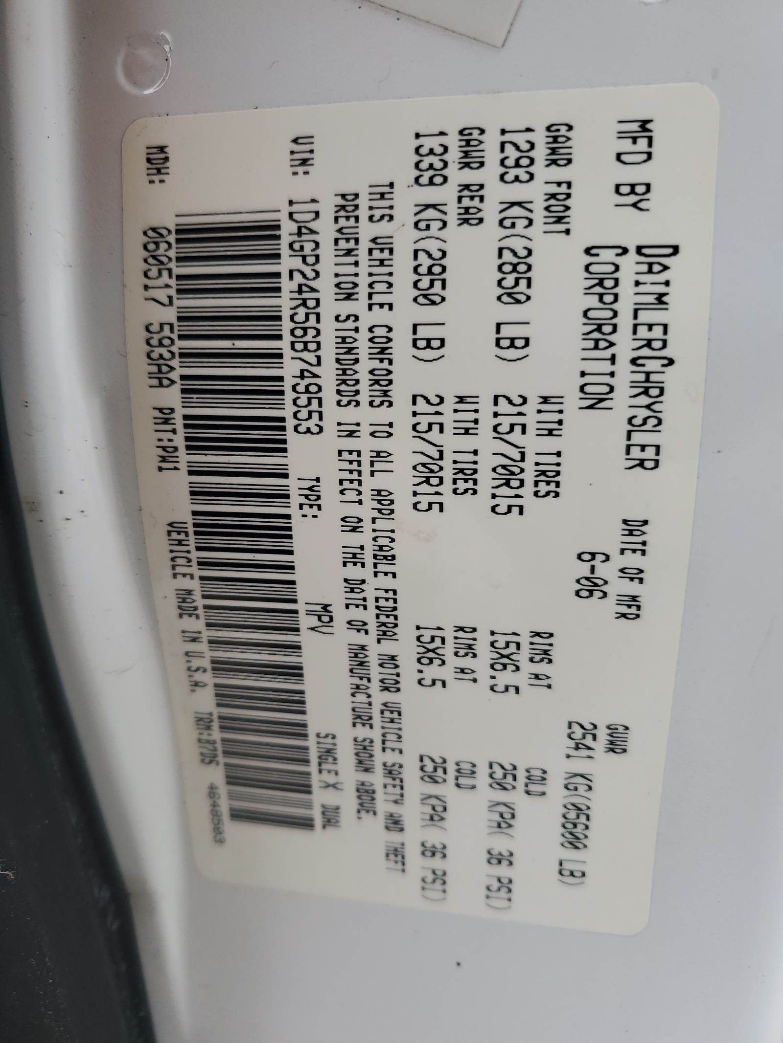 1D4GP24R56B749553 2006 Dodge Grand Caravan Se