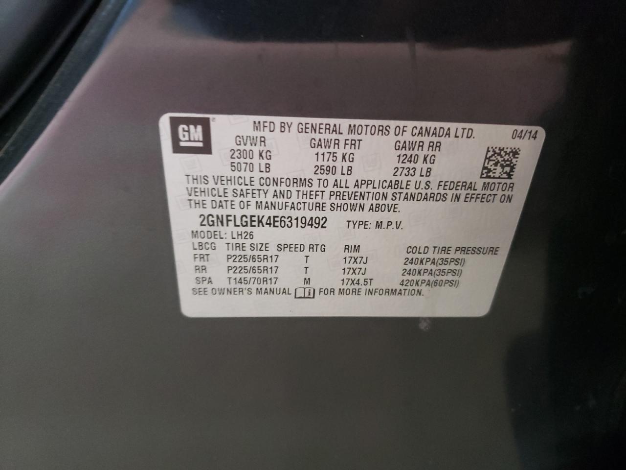 2GNFLGEK4E6319492 2014 Chevrolet Equinox Lt