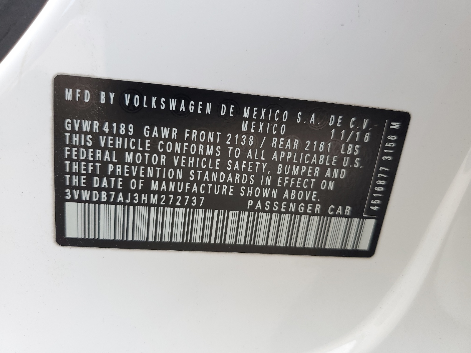 3VWDB7AJ3HM272737 2017 Volkswagen Jetta Se