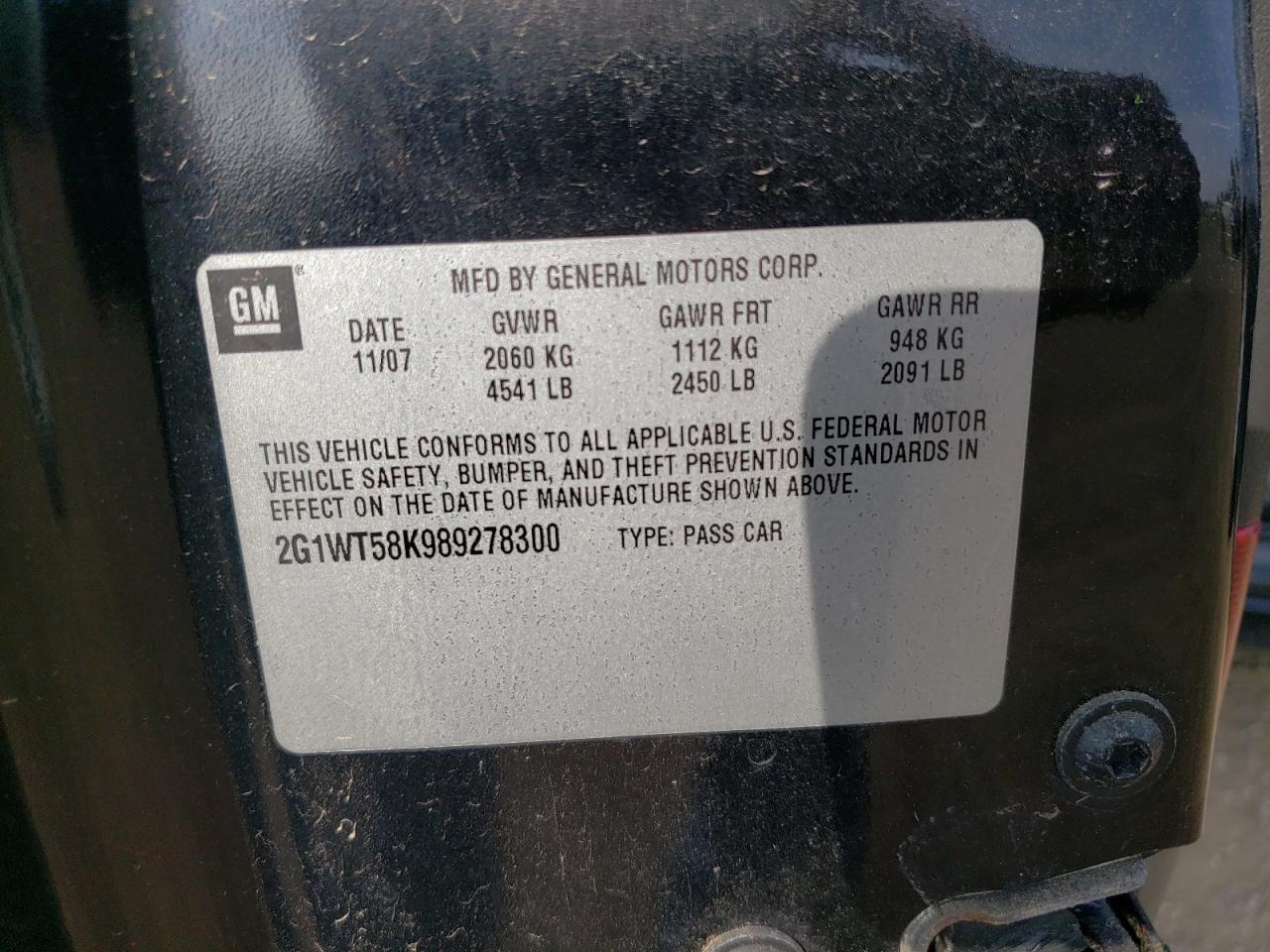 2008 Chevrolet Impala Lt VIN: 2G1WT58K989278300 Lot: 64784134