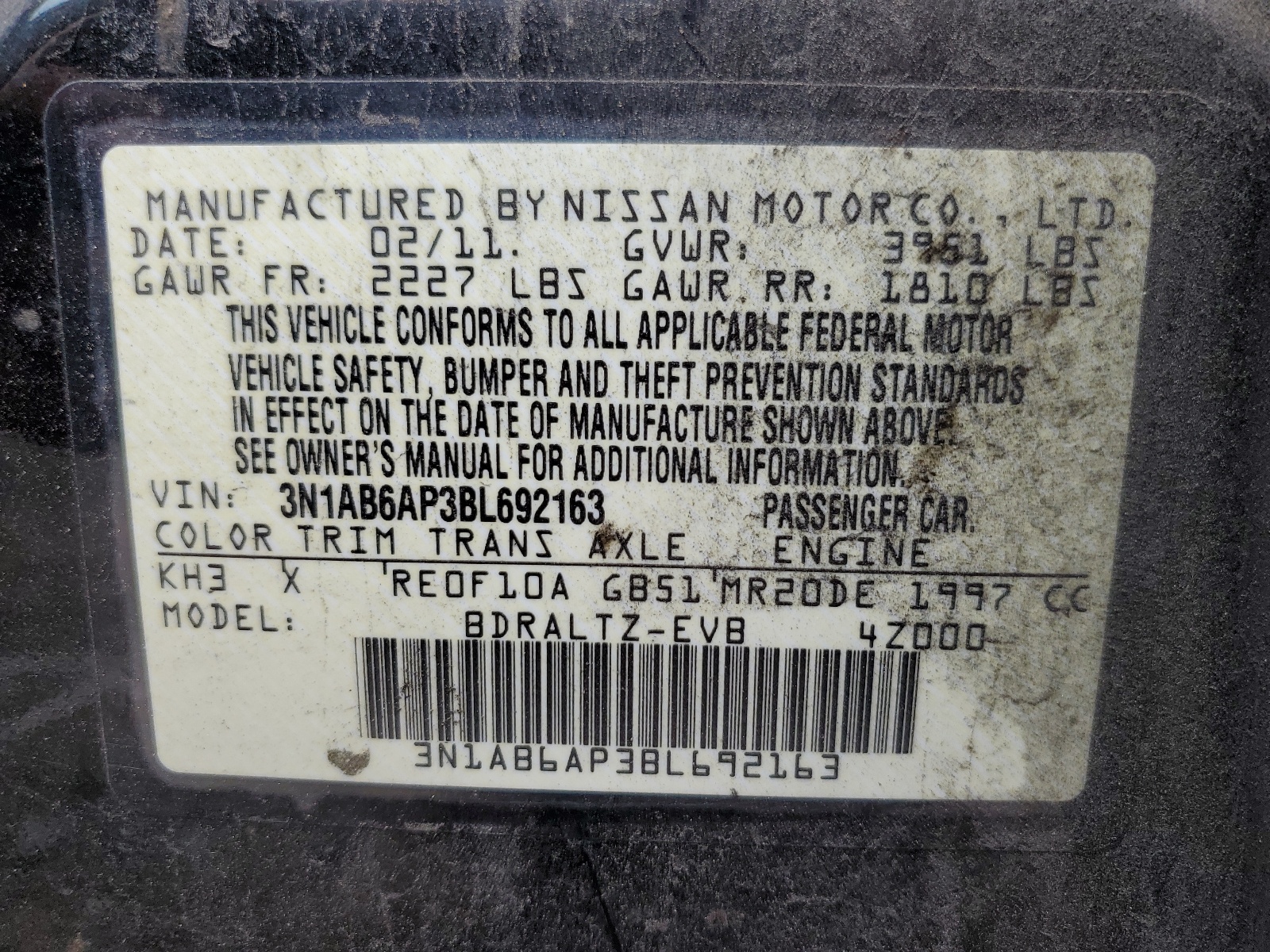 3N1AB6AP3BL692163 2011 Nissan Sentra 2.0