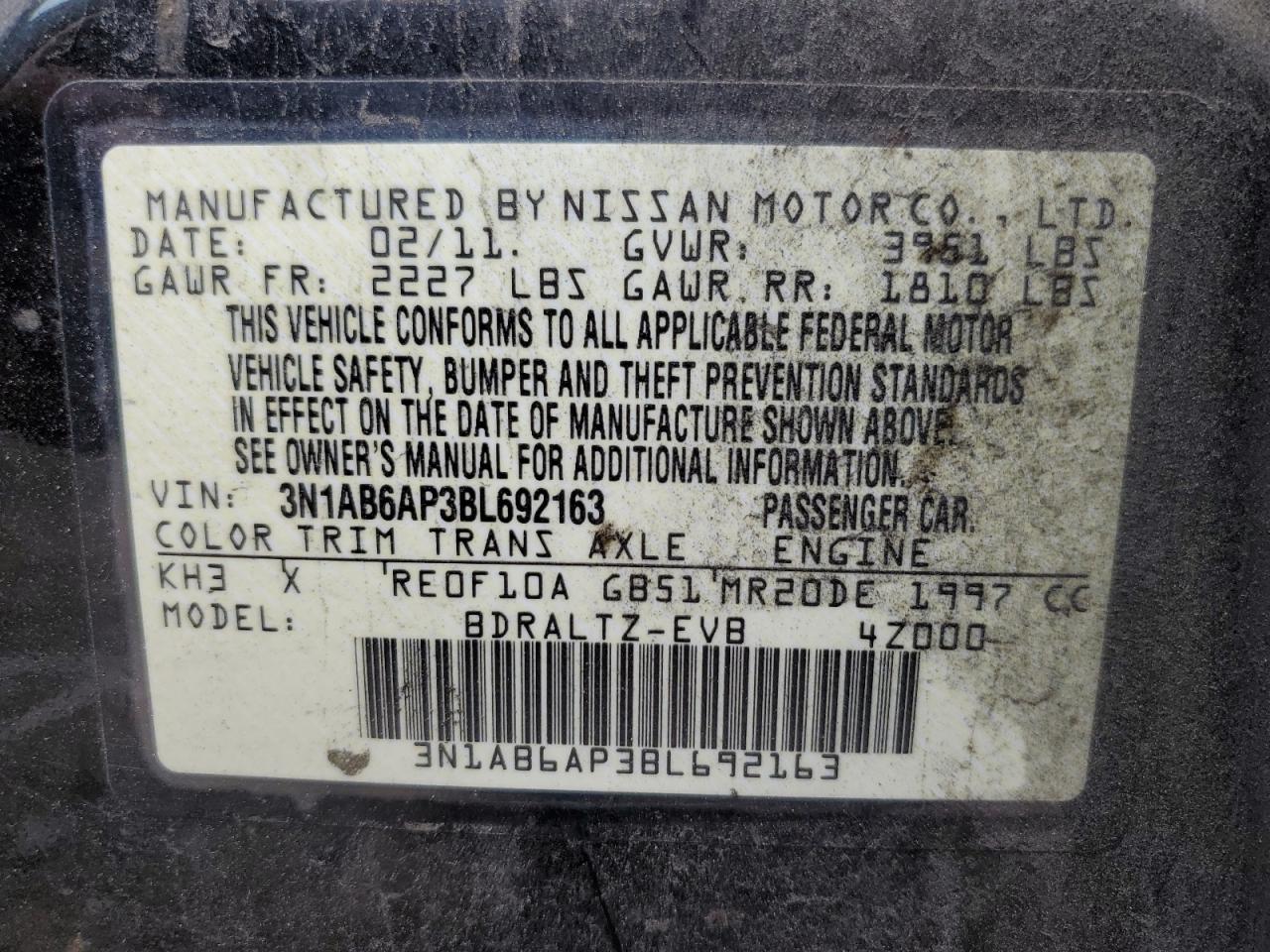 2011 Nissan Sentra 2.0 VIN: 3N1AB6AP3BL692163 Lot: 67144124