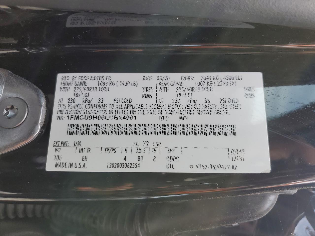 2020 Ford Escape Sel VIN: 1FMCU9H66LUB24961 Lot: 61790524