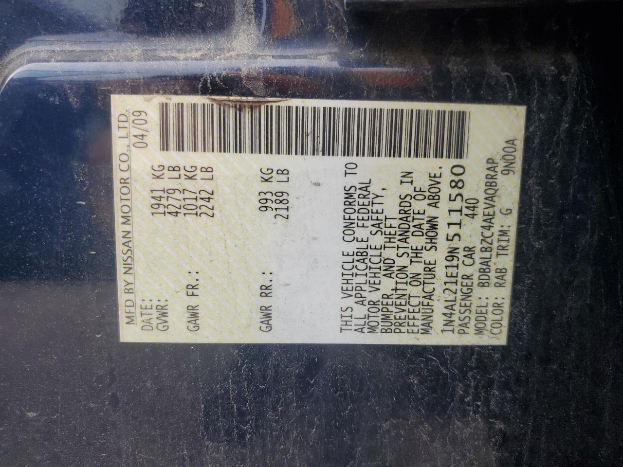 2009 Nissan Altima 2.5 VIN: 1N4AL21E19N511580 Lot: 69069994