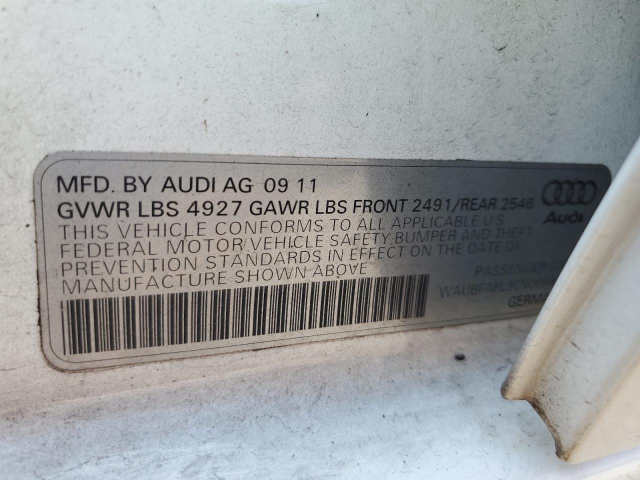 2012 Audi A4 Premium VIN: WAUBFAFL3CN009889 Lot: 65460064