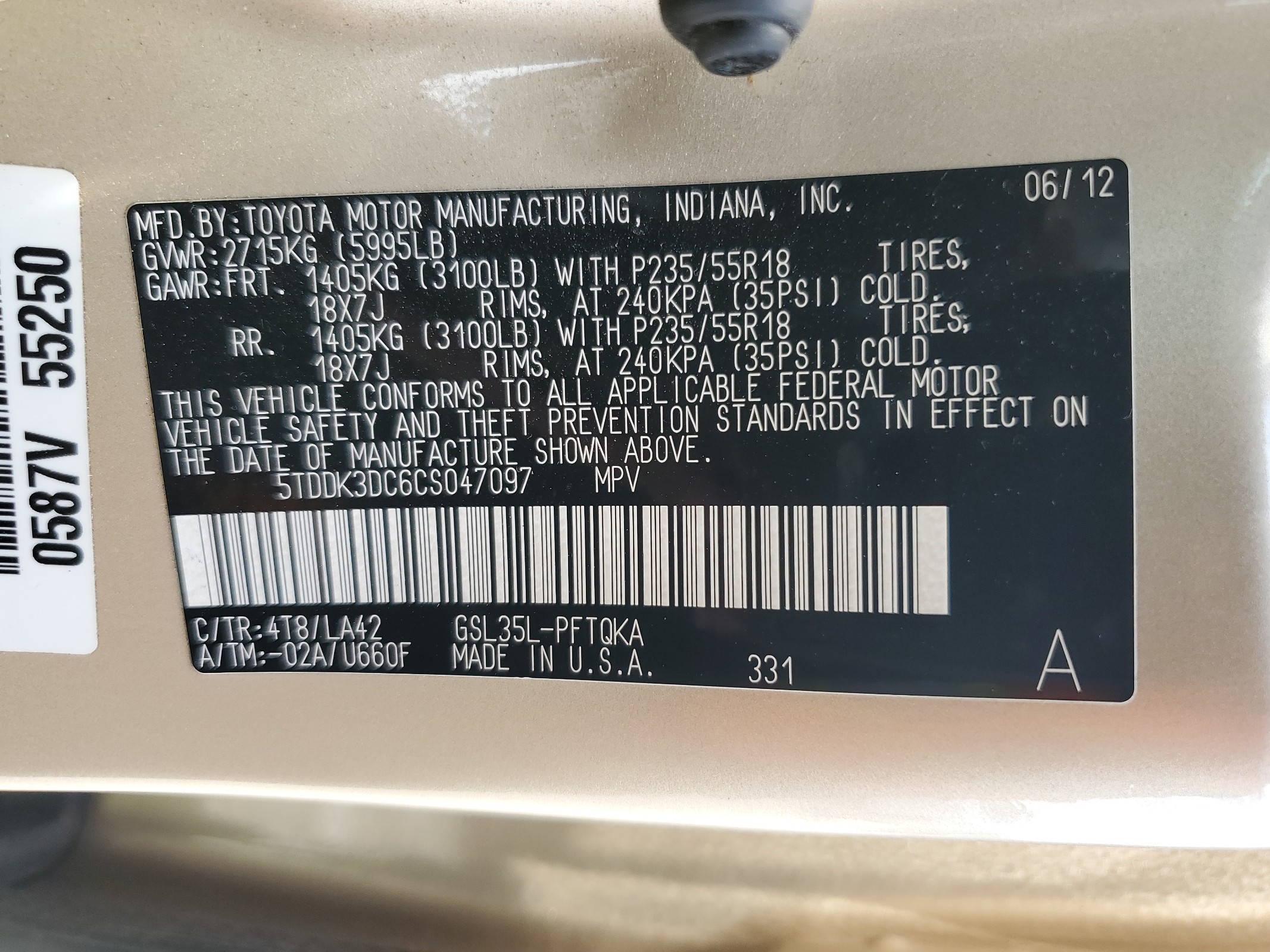 5TDDK3DC6CS047097 2012 Toyota Sienna Xle