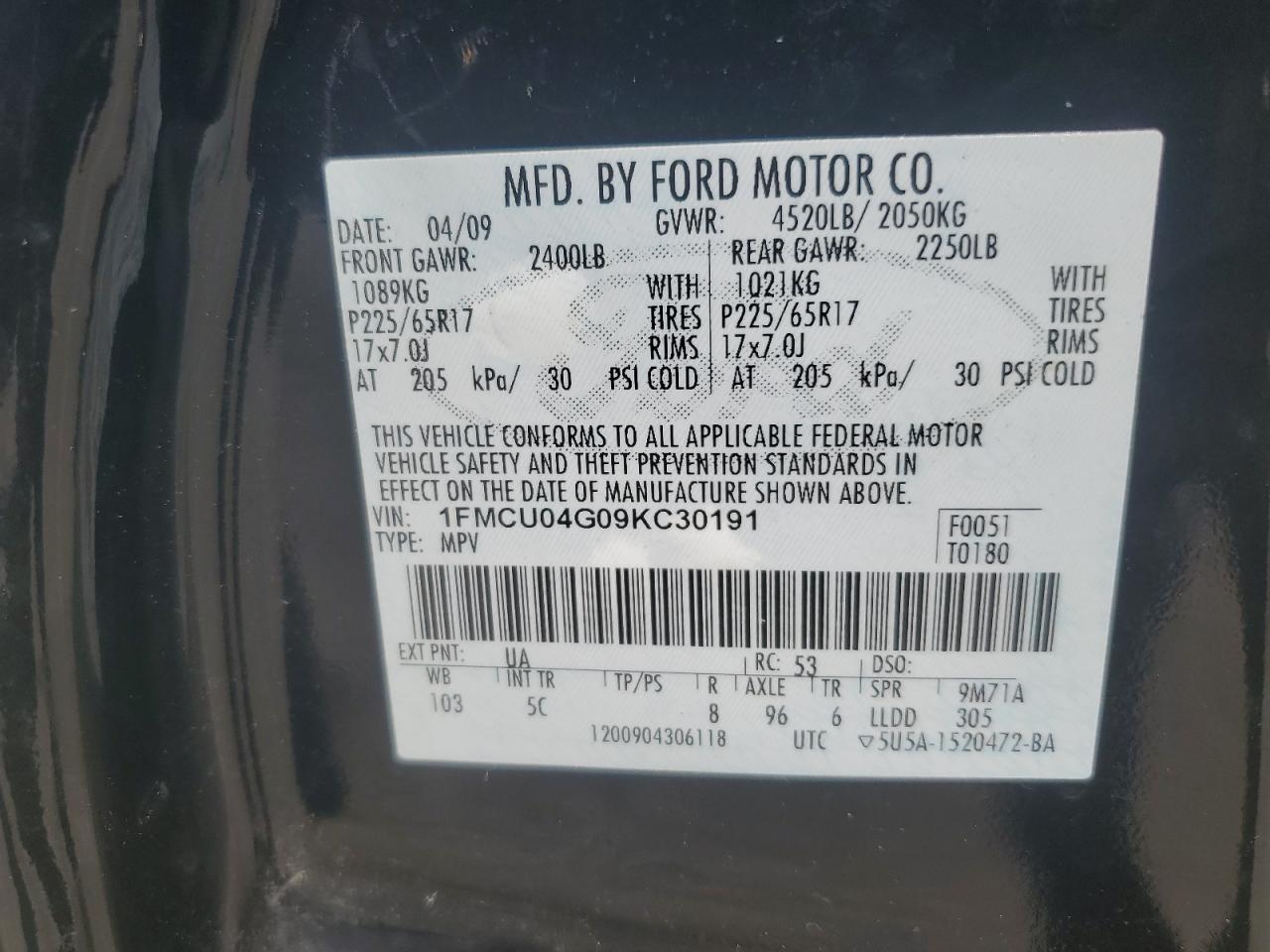 1FMCU04G09KC30191 2009 Ford Escape Limited