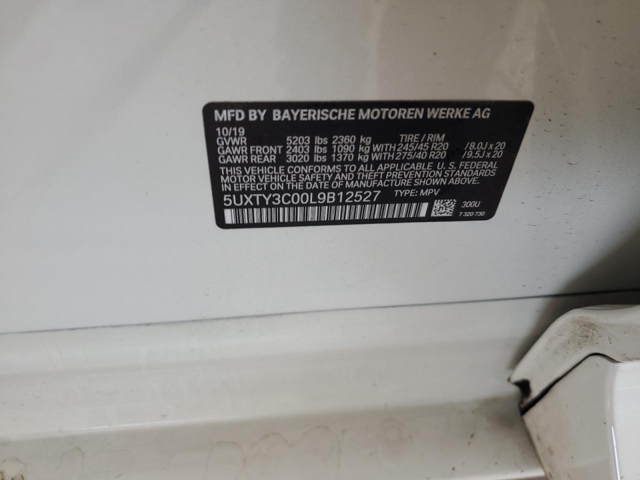 2020 BMW X3 Sdrive30I VIN: 5UXTY3C00L9B12527 Lot: 65443474