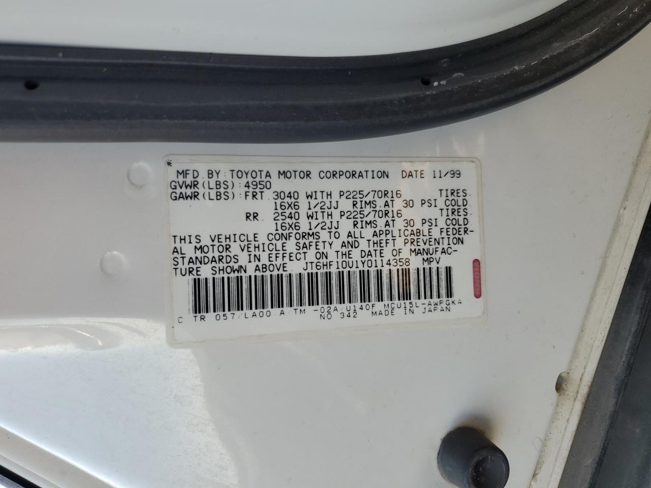 2000 Lexus Rx 300 VIN: JT6HF10U1Y0114358 Lot: 67003484