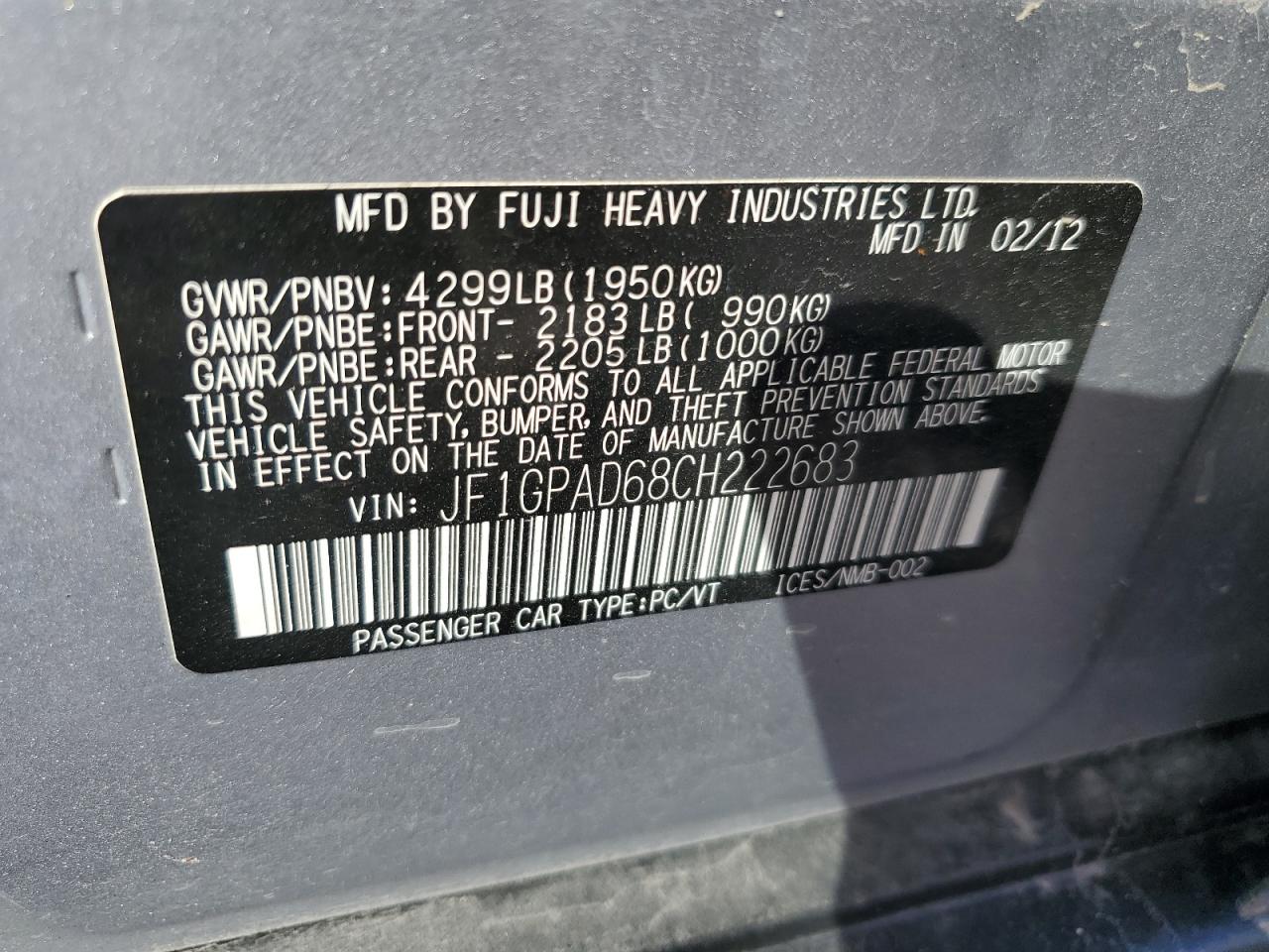 2012 Subaru Impreza Premium VIN: JF1GPAD68CH222683 Lot: 66230604