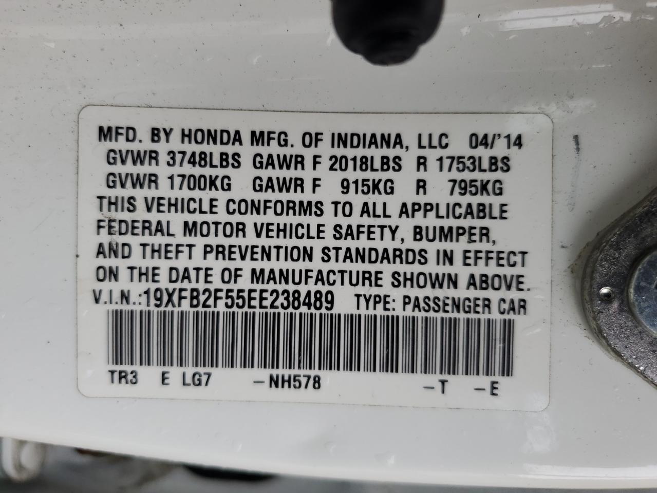 19XFB2F55EE238489 2014 Honda Civic Lx