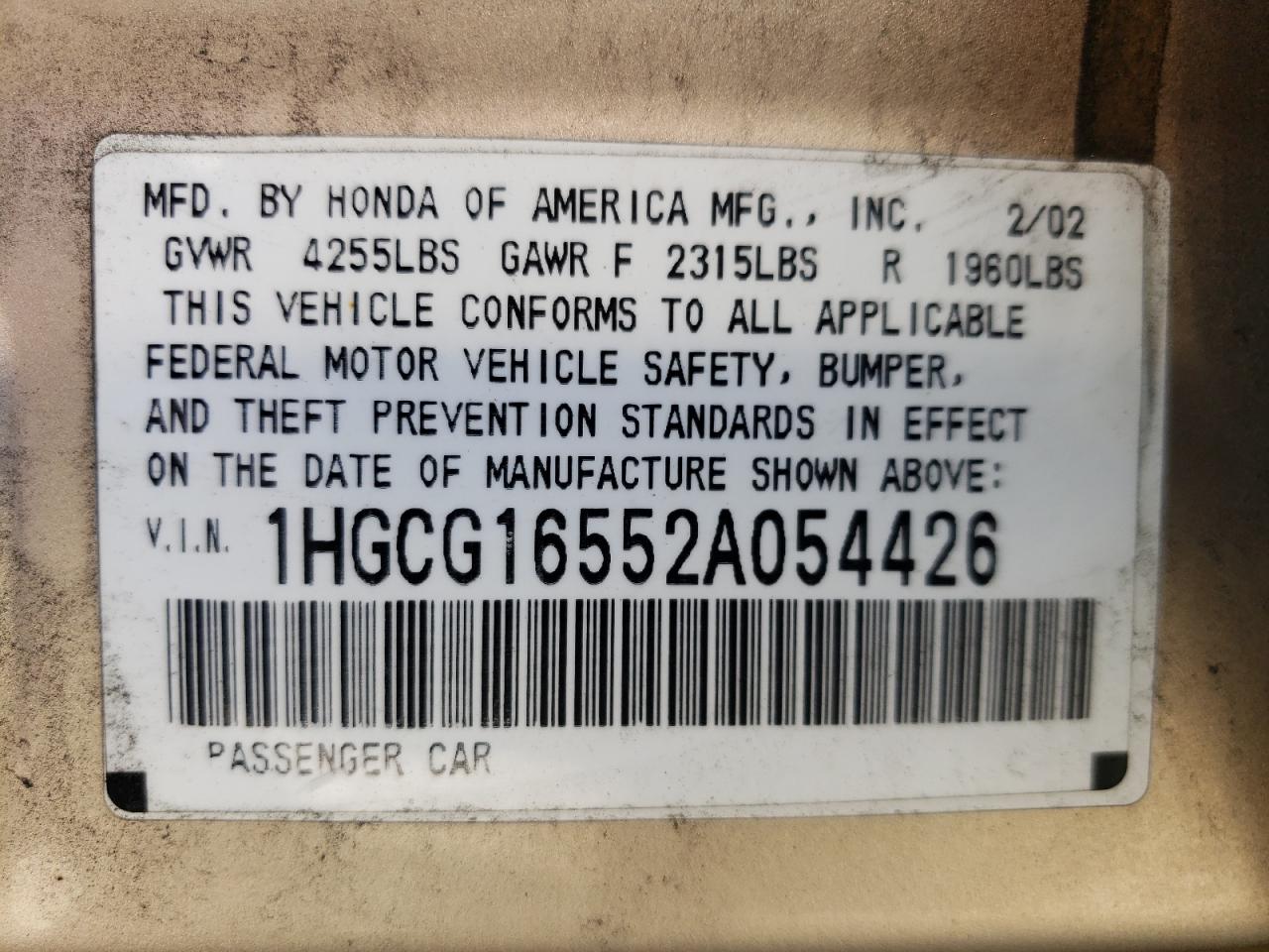 1HGCG16552A054426 2002 Honda Accord Ex