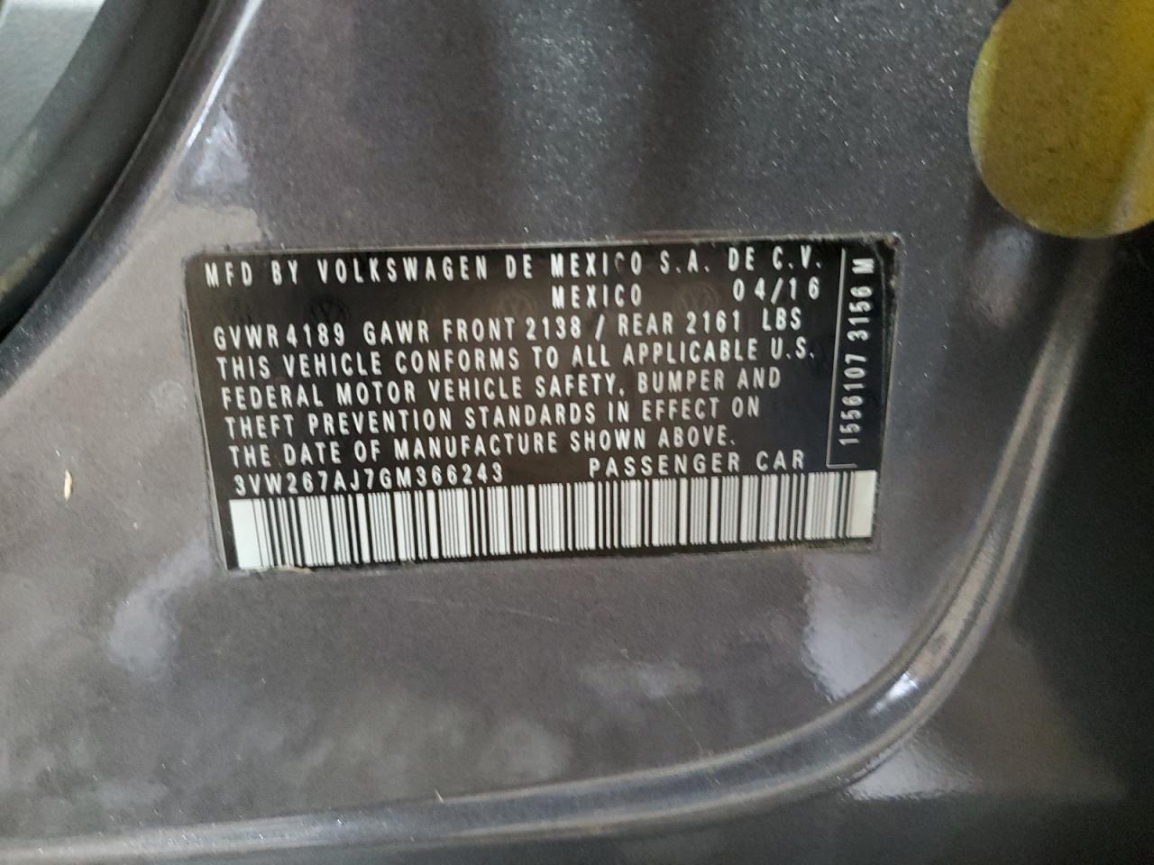 2016 Volkswagen Jetta S VIN: 3VW267AJ7GM366243 Lot: 68244544