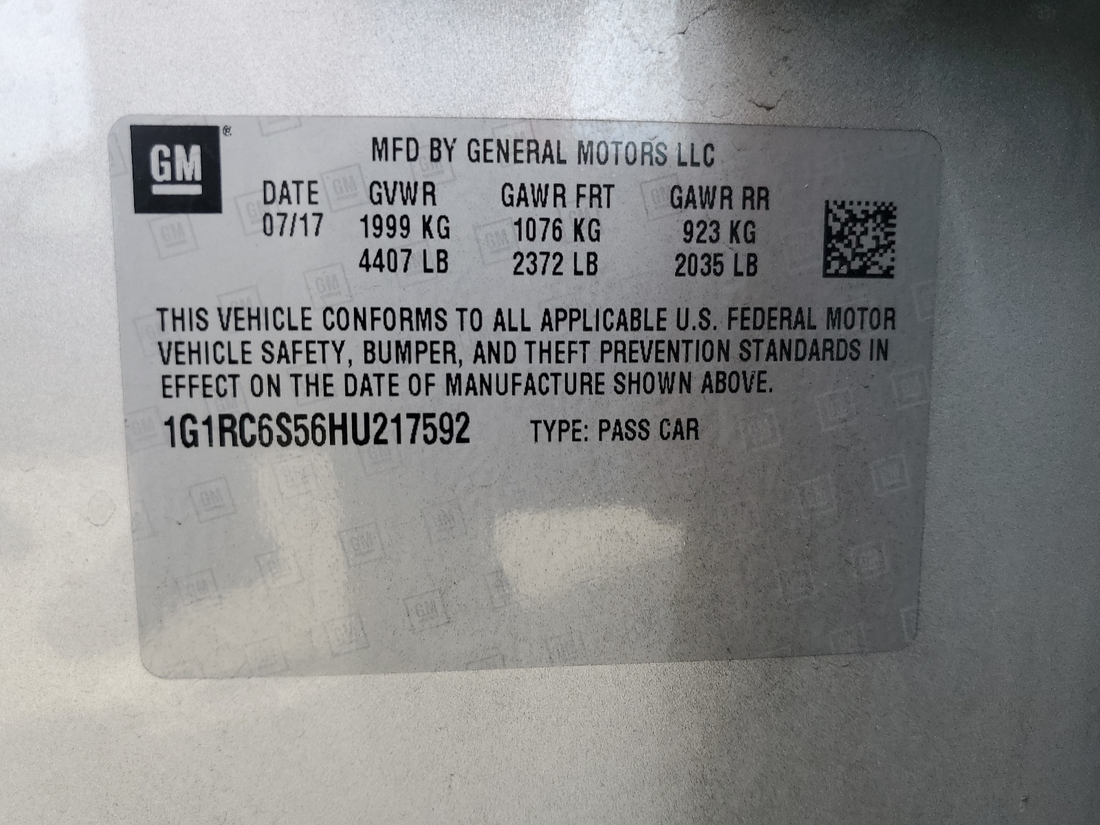 1G1RC6S56HU217592 2017 Chevrolet Volt Lt