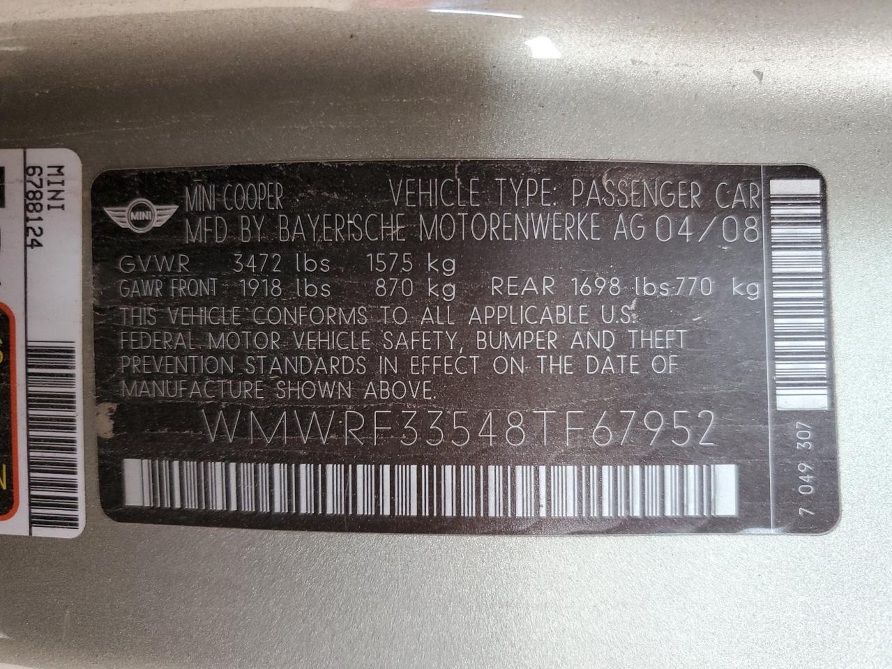 2008 Mini Cooper VIN: WMWRF33548TF67952 Lot: 65570334