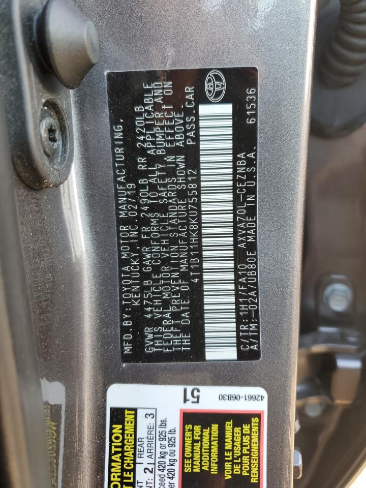 4T1B11HK8KU755812 2019 Toyota Camry L