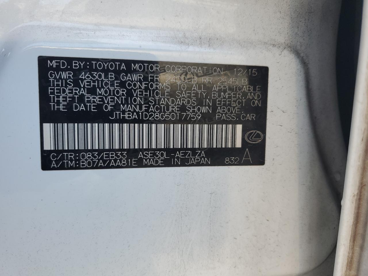 2016 Lexus Is 200T VIN: JTHBA1D28G5017759 Lot: 63593444