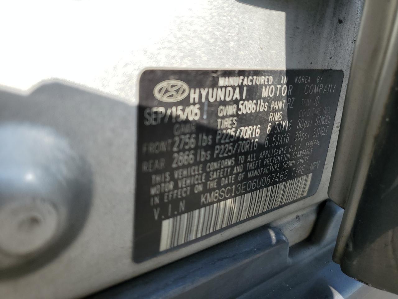 KM8SC13E06U067465 2006 Hyundai Santa Fe Gls