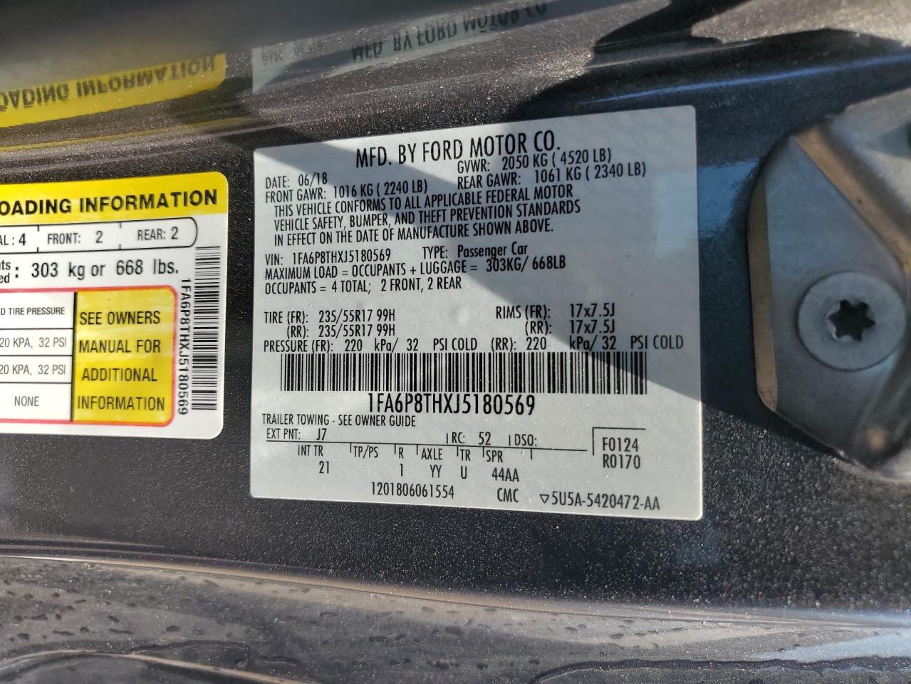 2018 Ford Mustang VIN: 1FA6P8THXJ5180569 Lot: 65911754