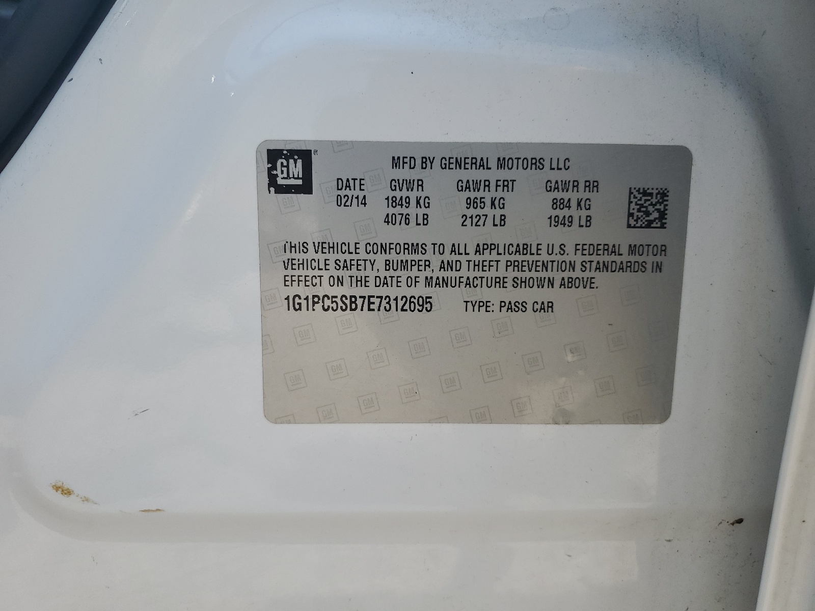 1G1PC5SB7E7312695 2014 Chevrolet Cruze Lt