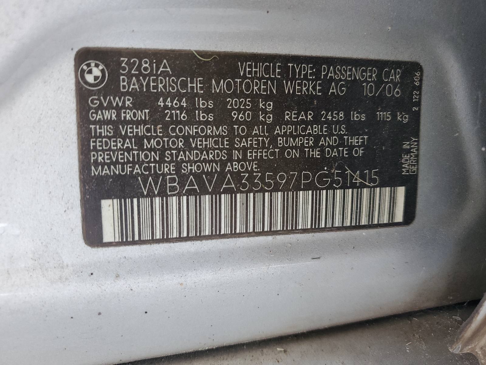 WBAVA33597PG51415 2007 BMW 328 I