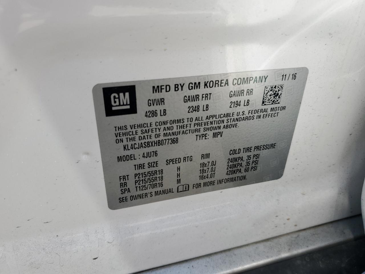 2017 Buick Encore Preferred VIN: KL4CJASBXHB077368 Lot: 66549844