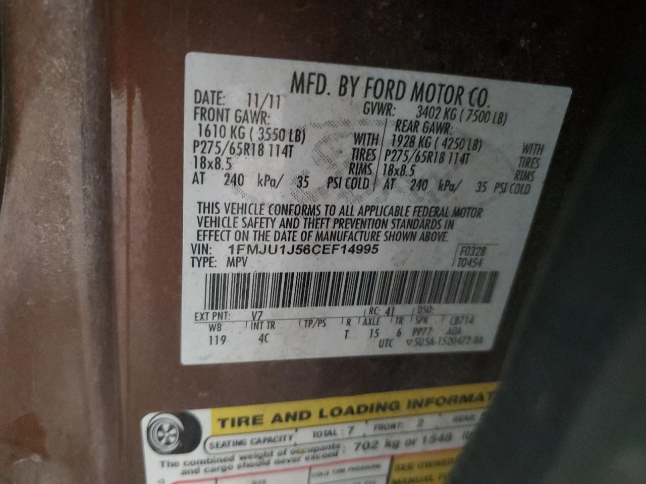 2012 Ford Expedition Xlt VIN: 1FMJU1J56CEF14995 Lot: 65999924