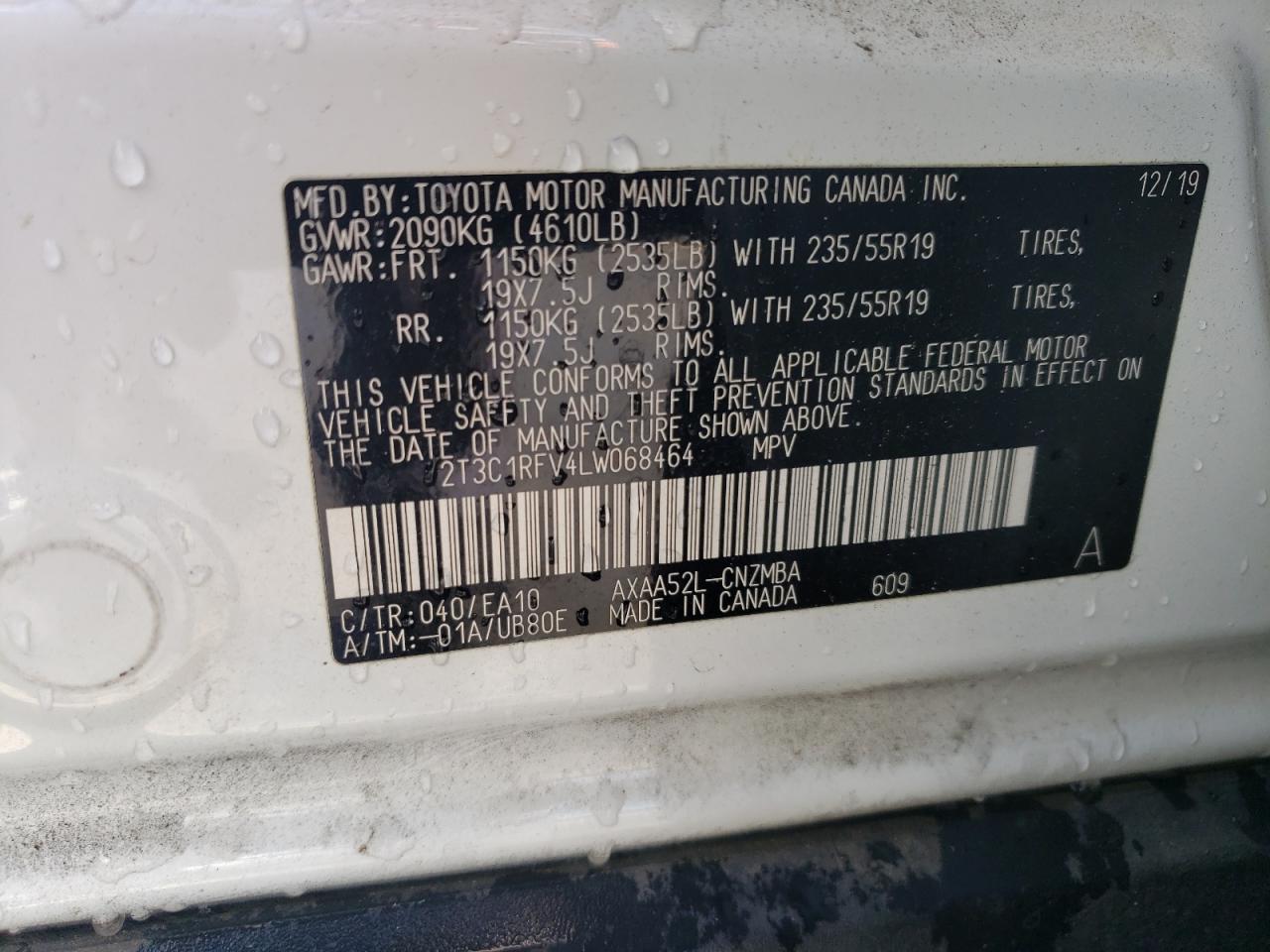 2T3C1RFV4LW068464 2020 Toyota Rav4 Xle Premium