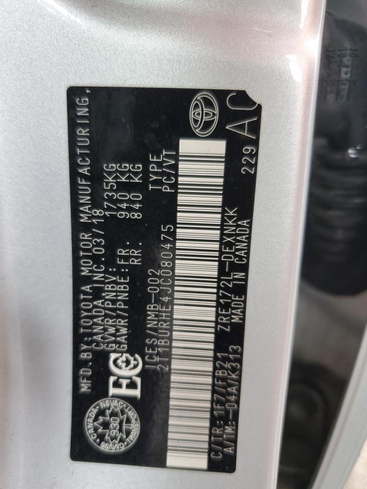 2018 Toyota Corolla L VIN: 2T1BURHE4JC080475 Lot: 63807734