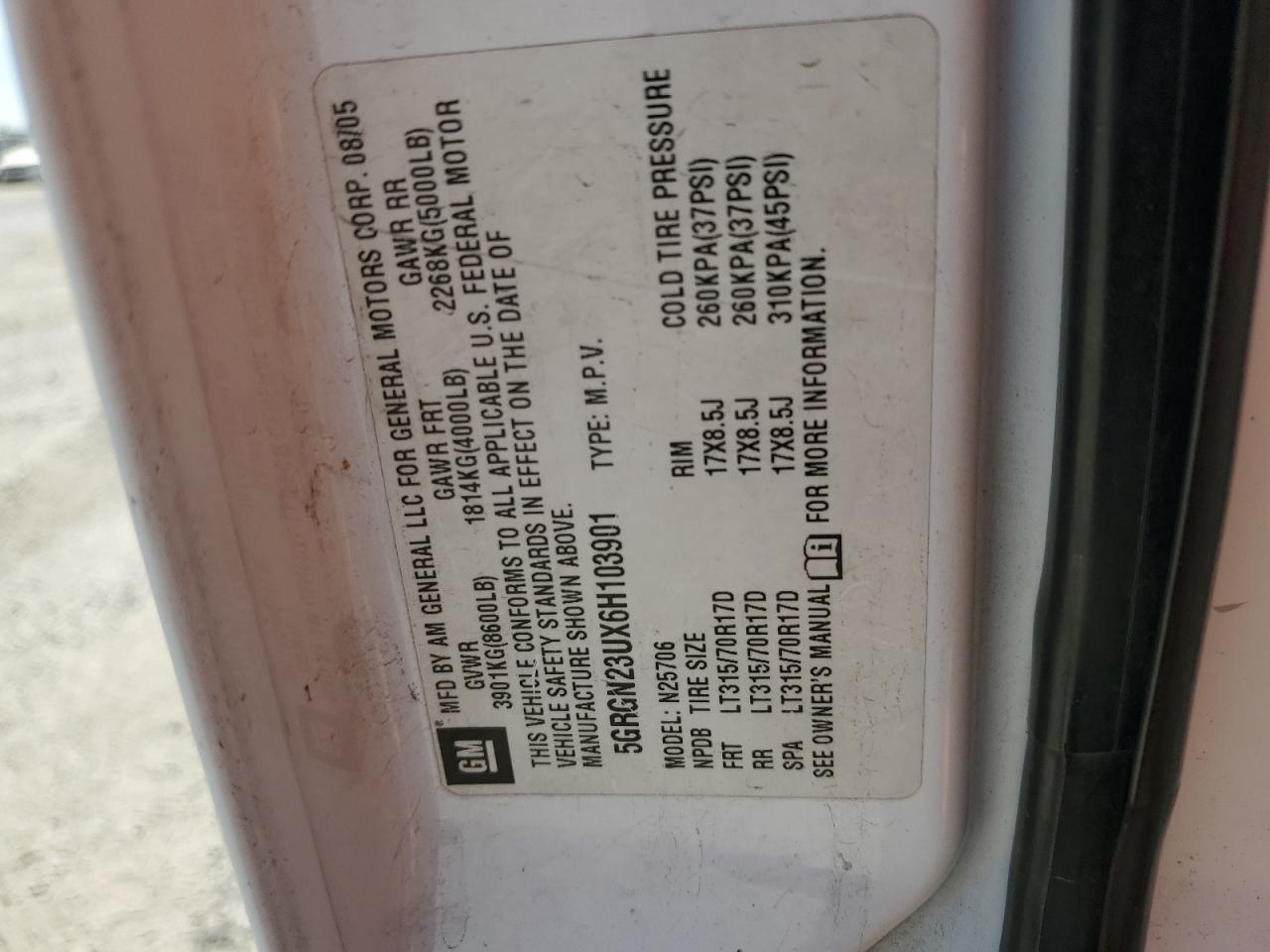 2006 Hummer H2 VIN: 5GRGN23UX6H103901 Lot: 65565834