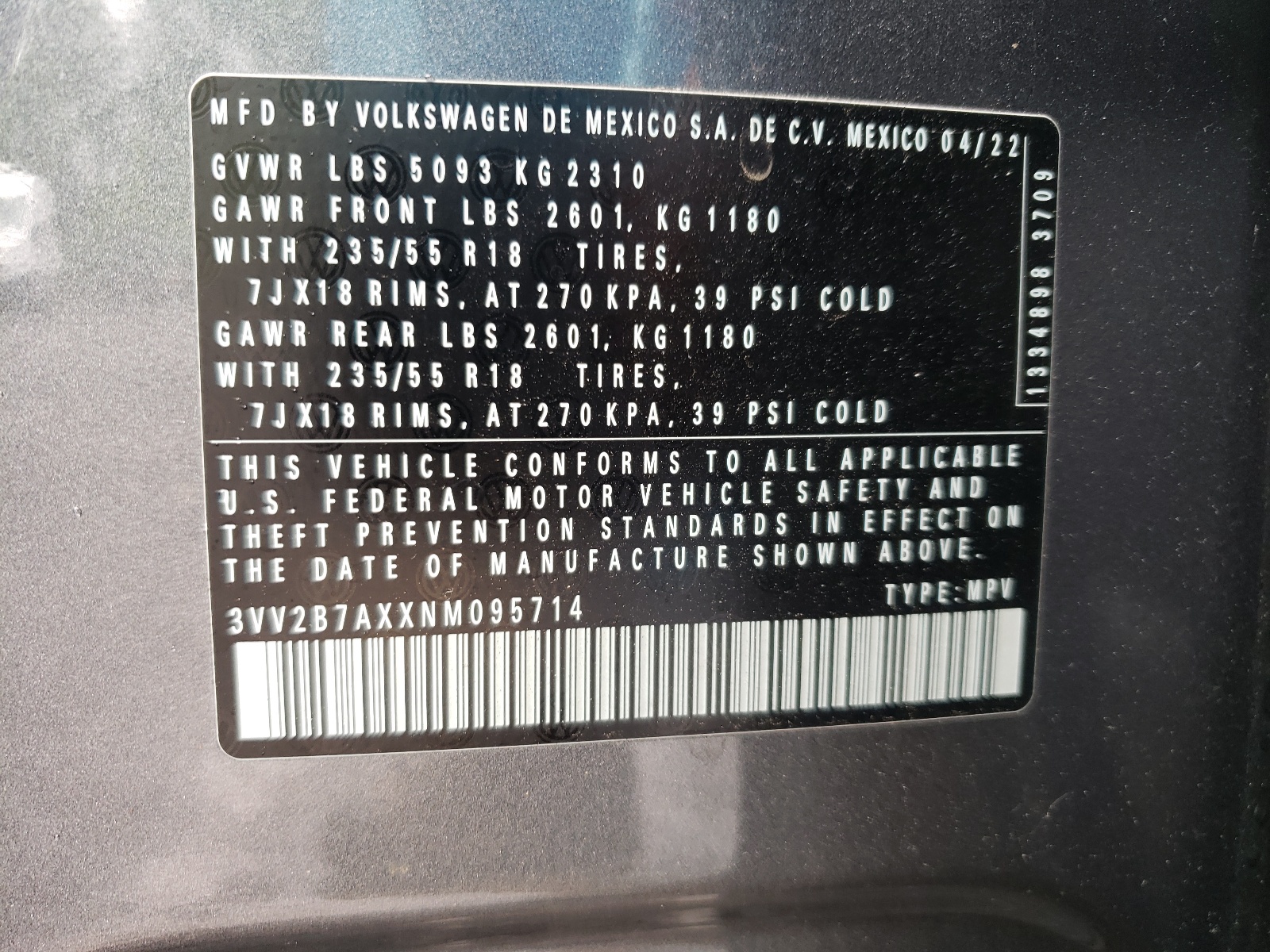 3VV2B7AXXNM095714 2022 Volkswagen Tiguan Se