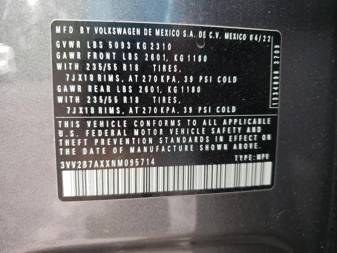 2022 Volkswagen Tiguan Se VIN: 3VV2B7AXXNM095714 Lot: 66373774