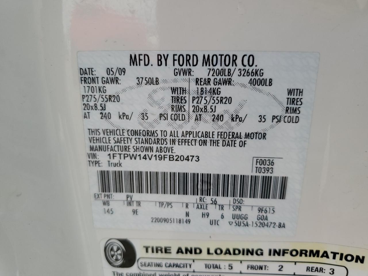 1FTPW14V19FB20473 2009 Ford F150 Supercrew