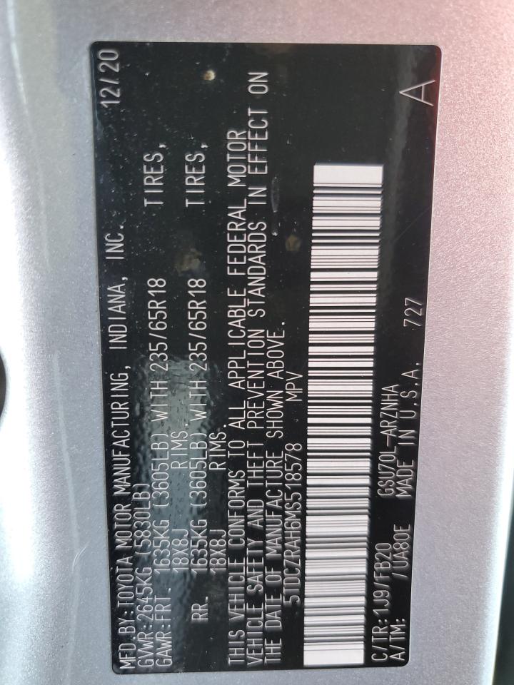 5TDCZRAH6MS518578 2021 Toyota Highlander L