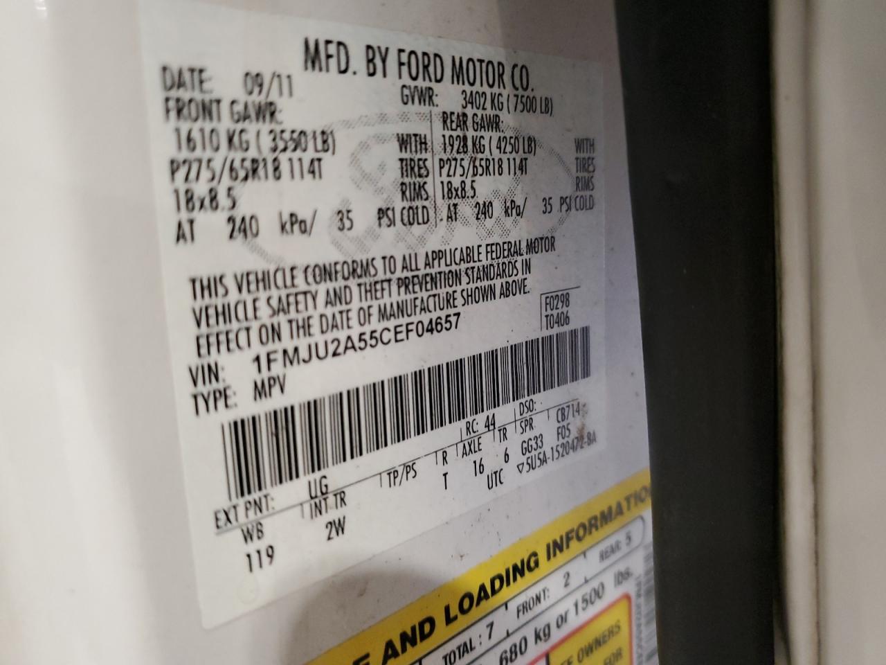 2012 Ford Expedition Limited VIN: 1FMJU2A55CEF04657 Lot: 65804814