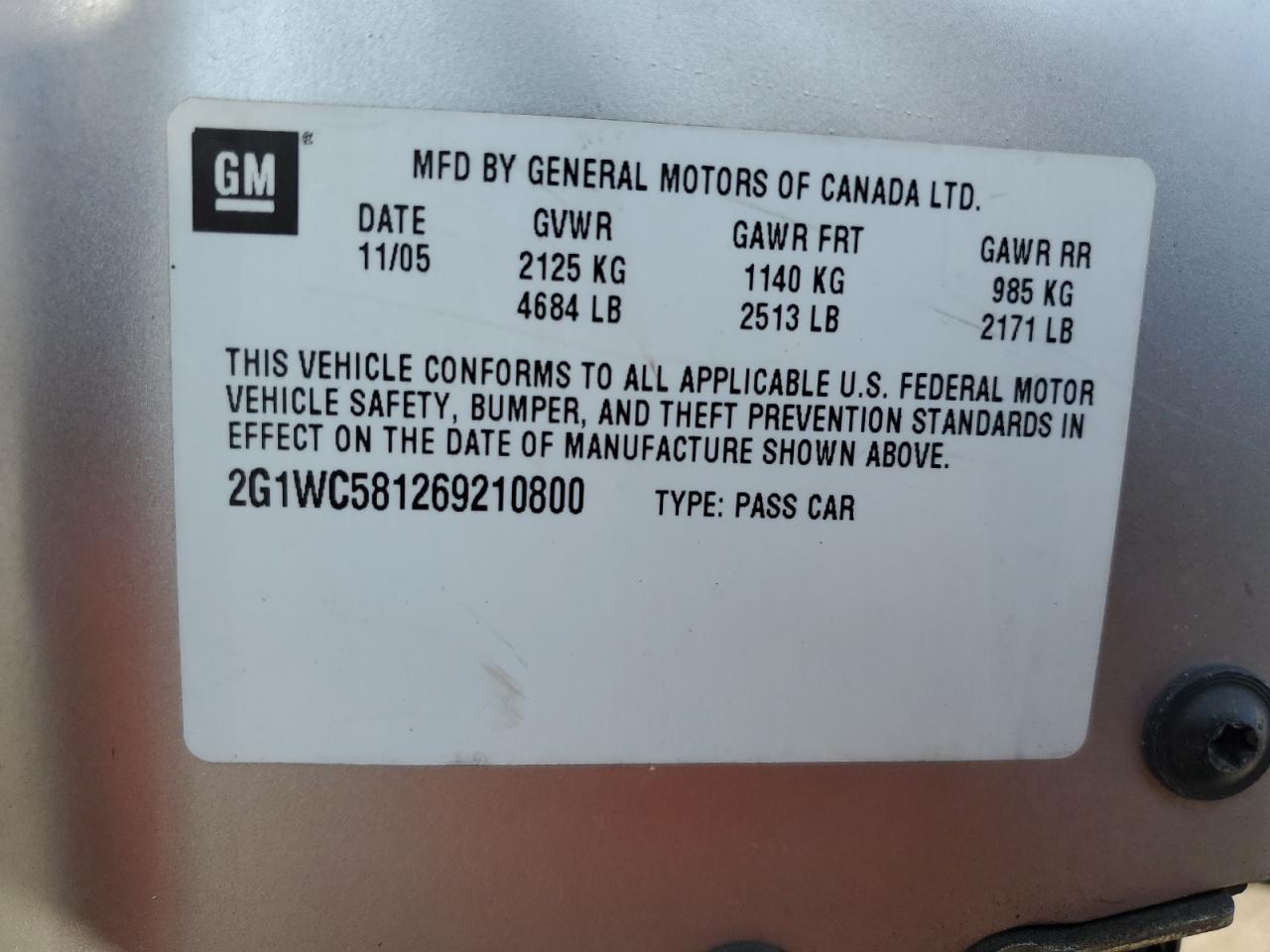 2G1WC581269210800 2006 Chevrolet Impala Lt